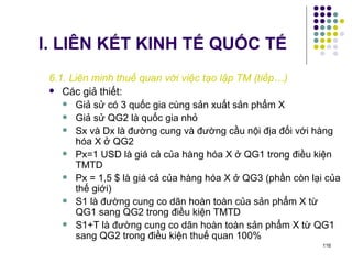 I. LIÊN KẾT KINH TẾ QUỐC TẾ 6.1. Liên minh thuế quan với việc tạo lập TM (tiếp…) Các giả thiết: Giả sử có 3 quốc gia cùng sản xuất sản phẩm X Giả sử QG2 là quốc gia nhỏ Sx và Dx là đường cung và đường cầu nội địa đối với hàng hóa X ở QG2 Px=1 USD là giá cả của hàng hóa X ở QG1 trong điều kiện TMTD Px = 1,5 $ là giá cả của hàng hóa X ở QG3 (phần còn lại của thế giới) S1 là đường cung co dãn hoàn toàn của sản phẩm X từ QG1 sang QG2 trong điều kiện TMTD S1+T là đường cung co dãn hoàn toàn sản phẩm X từ QG1 sang QG2 trong điều kiện thuế quan 100% 