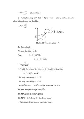 ∆C
       MPC =             (0 ≤ MPC ≤ 1)
                ∆Y

      Xu hướng tiêu dùng cận biên biểu thị mối quan hệ giữa sự gia tăng của tiêu
dùng với sự gia tăng của thu nhập.

                ∆C
       MPC =
                ∆Y
                               C
                                                C = Yd
                                               E0        C = C + MPC.Yd

                              C
                                         45o
                                                Y               Yd
                                   Hình 3.1 Đường tiêu dùng
                                               0




      E0: điểm vừa đủ

      Y0: mức thu nhập vừa đủ

      Tức:              C =C +MPC.Yd


                             C =(1 −MPC ).Yd


                  C
       Y0 =
              1 − MPC

      * Ý nghĩa Y0: tại mức thu nhập vừa đủ: thu nhập = tiêu dùng

               => S = 0 (S = Yd - C)

      Thu nhập > tiêu dùng => S > 0

      Thu nhập < tiêu dùng => S < 0

      Trong đồ thị hàm C: độ dốc đường C phụ thuộc vào MPC

      khi MPC tăng  đường C càng dốc.

      khi MPC giảm đường C phẳng

      khi MPC = 0  đường C = C0: đường ngang

      + Qui luật tâm lý cơ bản của người tiêu dùng:
 