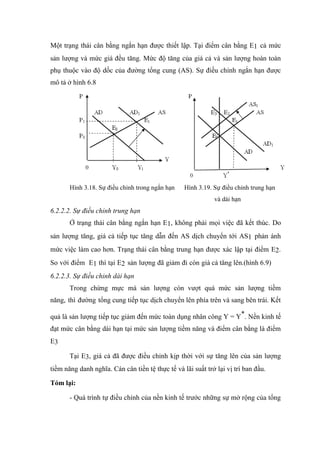 Một trạng thái cân bằng ngắn hạn được thiết lập. Tại điểm cân bằng E1 cả mức
sản lượng và mức giá đều tăng. Mức độ tăng của giá cả và sản lượng hoàn toàn
phụ thuộc vào độ dốc của đường tổng cung (AS). Sự điều chỉnh ngắn hạn được
mô tả ở hình 6.8




       Hình 3.18. Sự điều chỉnh trong ngắn hạn    Hình 3.19. Sự điều chỉnh trung hạn
                                                             và dài hạn
6.2.2.2. Sự điều chỉnh trung hạn
       Ở trạng thái cân bằng ngắn hạn E1, không phải mọi việc đã kết thúc. Do
sản lượng tăng, giá cả tiếp tục tăng dẫn đến AS dịch chuyển tới AS1 phản ánh
mức việc làm cao hơn. Trạng thái cân bằng trung hạn được xác lập tại điểm E2.
So với điểm E1 thì tại E2 sản lượng đã giảm đi còn giá cả tăng lên.(hình 6.9)
6.2.2.3. Sự điều chỉnh dài hạn
       Trong chừng mực mà sản lượng còn vượt quá mức sản lượng tiềm
năng, thì đường tổng cung tiếp tục dịch chuyển lên phía trên và sang bên trái. Kết

quả là sản lượng tiếp tục giảm đến mức toàn dụng nhân công Y = Y*. Nền kinh tế
đạt mức cân bằng dài hạn tại mức sản lượng tiềm năng và điểm cân bằng là điểm
E3

       Tại E3, giá cả đã được điều chỉnh kịp thời với sự tăng lên của sản lượng
tiềm năng danh nghĩa. Cán cân tiền tệ thực tế và lãi suất trở lại vị trí ban đầu.

Tóm lại:

       - Quá trình tự điều chỉnh của nền kinh tế trước những sự mở rộng của tổng
 