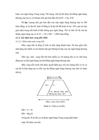 buộc của ngân hàng Trung ương. Thì lượng tiền tối đa được hệ thống ngân hàng
thương mại tạo ra với khoản tiền gửi ban đầu (D) là D = 1/rb. UD

           Ví dụ: Lượng tiền gửi ban đầu của một ngân hàng thương mại là 100
triệu đồng, tỷ lệ dự trữ thực tế bằng tỷ lệ dự trữ bắt buộc là rb= 10%, giả sử mọi
giao dịch trong nền kinh tế đều thông qua ngân hàng. Thì số tiền tối đa mà hệ
thông ngân hàng tạo ra là D = 1/0,1.100 = 1.000 triệu đồng.
4.2.3. Xác định mức cung tiền (MS)
4.2.3.1. Khái niệm mức cung tiền
           Mức cung tiền là tổng số tiền có khả năng thanh toán. Nó bao gồm tiền
mặt đang lưu hành và các khoản tiền gửi không kỳ hạn của các ngân hàng thương
mại.
           Như vậy, mức cung tiền lớn hơn nhiều so với lượng tiền cơ sở, bởi hoạt
động tạo ra tiền ngân hàng của hệ thống ngân hàng thương mại.
           Mức cung tiền trước hết được quyết định quy mô của lượng tiền cơ sở và
sau đó là khả năng tạo ra tiền của hệ thống ngân hàng thương mại nhờ số nhân
tiền tệ.




                                   Hình 4.1 Tiền cơ sở (H)
           MS = U + D
           MS = Mm.H
           Trong đó: H là tiền cơ sở được ngân hàng Trung ương phát hành

           mM: Số nhân của tiền
 