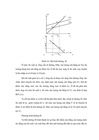 Hình 4.4. Mô hình đường IS
       Ở mức lãi suất i0 tổng cầu là đường AD0, sản lượng cân bằng tại Y0, thị
trường hàng hoá cân bằng tại điểm E0. Ở đồ thị trục tung là lãi suất, trục hoành
là thu nhập ta có tổ hợp A (Y0,i0).

       Khi lãi suất giảm từ i0 tới i1 tổng cầu sẽ được mở rộng làm đường tổng cầu
AD0 dịch chuyển tới AD1, xác định mức sản lượng cân bằng mới E1. Khi đó
điểm cân bằng mới của thị trường hàng hoá là điểm E1. Ở đồ thị phía bên
dưới, ứng với mức lãi suất i1 thì mức sản lượng cân bằng là Y1, xác định tổ hợp
B(Y1,i1).

       Ta nối hai điểm A và B ở đồ thị phía bên dưới, đây chính là đường IS. Khi
lãi suất từ i0 giảm xuống tới i1 thì mức sản lượng cân bằng Y sẽ di chuyển từ
điểm A tới điểm B trên đường IS. Mức sản lượng cân bằng sẽ từ Y0 dịch chuyển
tới Y1.

       Phương trình đường IS
       Ta biết đường IS hình thành từ sự thay đổi điểm cân bằng sản lượng dưới
tác động của lãi suất. Lãi suất thay đổi làm ảnh hưởng đến đầu tư qua mức đầu tư
 