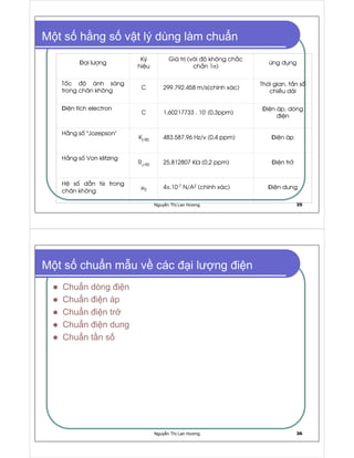 Nguy n Th Lan Hương 35
M t s h ng s v t lý dùng làm chu n
¹i l−îng
Ký
hiÖu
Gi¸ trÞ (víi ®é kh«ng ch¾c
ch¾n 1σ)
øng dông
Tèc ®é ¸nh s¸ng
trong ch©n kh«ng
C 299.792.458 m/s(chÝnh x¸c)
Thêi gian, tÇn sè
chiÒu dµi
iÖn tÝch electron
C 1,60217733 . 10- (0,3ppm)
iÖn ¸p, dßng
®iÖn
H»ng sè “Jozepson
Kj-90 483.587,96 Hz/v (0,4 ppm) iÖn ¸p
H»ng sè Von klitzing
RJ-90 25,812807 KΩ (0,2 ppm) iÖn trë
HÖ sè dÉn t
 
trong
ch©n kh«ng
µ0 4π.10-7 N/A2 (chÝnh x¸c) iÖn dung
Nguy n Th Lan Hương 36
M t s chu n m u v các i lư ng i n
Chu n dòng i n
Chu n i n áp
Chu n i n tr
Chu n i n dung
Chu n t n s
 