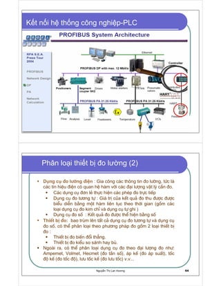 Nguy n Th Lan Hương 63
K t n i h th ng công nghi p-PLC
Nguy n Th Lan Hương 64
Phân lo i thi t b o lư ng (2)
Dông cô ®o l−êng ®iÖn : Gia c«ng c¸c th«ng tin ®o l−êng, tøc lµ
c¸c tÝn hiÖu ®iÖn cã quan hÖ hµm víi c¸c ®¹i l−îng vËt lý cÇn ®o.
C¸c dông cô ®¬n lÎ thùc hiÖn c¸c phÐp ®o trùc tiÕp
Dông cô ®o t−¬ng tù : Gi¸ trÞ cña kÕt qu¶ ®o thu ®−îc ®−îc
biÓu diÔn b»ng mét hµm liªn tôc theo thêi gian (gåm c¸c
lo¹i dông cô ®o kim chØ vµ dông cô tù ghi )
Dông cô ®o sè : KÕt qu¶ ®o ®−îc thÓ hiÖn b»ng sè
ThiÕt bÞ ®o: bao trïm lªn tÊt c¶ dông cô ®o t−¬ng tù vµ dông cô
®o sè, cã thÓ ph©n lo¹i theo ph−¬ng ph¸p ®o gåm 2 lo¹i thiÕt bÞ
®o :
ThiÕt bÞ ®o biÕn ®æi th¼ng.
ThiÕt bÞ ®o kiÓu so s¸nh hay bï.
Ngoµi ra, cã thÓ ph©n lo¹i dông cô ®o theo ®¹i l−îng ®o nh−:
Ampemet, Volmet, Hecmet (®o tÇn sè), ¸p kÕ (®o ¸p suÊt), tèc
®é kÕ (®o tèc ®é), l−u tèc kÕ (®o l−u tèc) v.v...
 