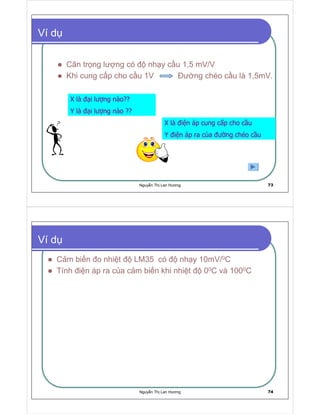 Nguy n Th Lan Hương 73
Ví d
Cân tr ng lư ng có nh y c u 1,5 mV/V
Khi cung c p cho c u 1V ư ng chéo c u là 1,5mV.
X là i lư ng nào??
Y là i lư ng nào ??
X là i n áp cung c p cho c u
Y i n áp ra c a ư ng chéo c u
Nguy n Th Lan Hương 74
Ví d
C m bi n o nhi t LM35 có nh y 10mV/0C
Tính i n áp ra c a c m bi n khi nhi t 00C và 1000C
 