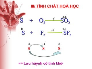 III/ TÍNH CHẤT HOÁ HỌC
o

S + O2
0

S +

F2

+4

t0

SO2
+6

t0

SF6

0

+4

+6

S

S

S

=> Lưu hùynh có tính khử

 