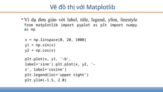 Vẽ đồ thị với Matplotlib
•Ví dụ đơn giản với label, title, legend, ylim, linestyle
from matplotlib import pyplot as plt import numpy
as np
x = np.linspace(0, 20, 1000)
y1 = np.sin(x)
y2 = np.cos(x)
plt.plot(x, y1, '-b',
label='sine') plt.plot(x, y2, '-
r', label='cosine')
plt.legend(loc='upper right’)
plt.ylim(-1.5, 2.0)
 