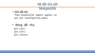 • Ghi đồ thị
Vẽ đồ thị với
Matplotlib
from matplotlib import pyplot as
plt plt.savefig(file_name)
• Đóng đồ thị
plt.cla()
plt.clf()
plt.close()
 