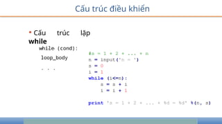 Cấu trúc điều khiển
• Cấu trúc lặp
while
while (cond):
. . .
loop_body
. . .
 