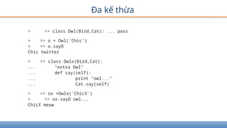 Đa kế thừa
> >> class Owl(Bird,Cat): ... pass
> >> o = Owl('Chic')
> >> o.sayO
Chic twitter
> >> class Owlx(Bird,Cat):
... "extra Owl"
... def say(self):
... print "owl..."
... Cat.say(self)
> >> ox =Owlx('ChicX')
> >> ox.sayO owl...
ChicX meow
 