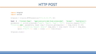 HTTP POST
import httplib
import urllib
httpconn = httplib.HTTPConnection("172.30.35.70", E0}
head = {"Content-Type": "application/x-www-form-urlencoded", "Accept": "text/plain"}
parameters = urllib.urlencode({"name": "Nghi", "age'1
: "41"/} httpconn.request("POST",
"/form-cgi.php", parameters, head} resp = httpconn.getresponse(} if resp.status == 200:
print "Outputting Request Bodyn" resp_data = resp.read(} Ltr.es = resp_data.
split ("<br>"} for line in lines: print line.strip(}
httpconn.close(}
 