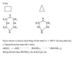 Ở đây
H
N
R2Si SiR2
NH NH
R2Si SiR2
N
H
H
N
R2Si SiR2
HN NH
Si
R
Xyclo silazan và silazan mạch thẳng rất bền nhiệt ở t° = 300°C vẫn chưa phân hủy
c, Organotriclosilan (hợp chất 3 chức)
nRSiCl3 + nNH3 RSi(NH2)3 [RSi(NH)1,5]n
Không thể tách được RSi(NH2)3 cho dù R là gốc nào
H R2
 