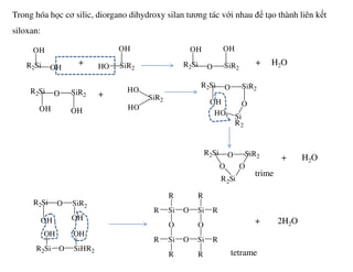 Trong hóa học cơ silic, diorgano dihydroxy silan tương tác với nhau để tạo thành liên kết
siloxan:
+ + H2O
+
R2Si
OH
OH SiR2HO
OH
R2Si
OH
O SiR2
OH
R2Si O SiR2
OH OH
SiR2
HO
HO
R2Si O SiR2
OH O
Si
R2
HO
+ H2O
trime
+ 2H2O
tetrame
R2Si O SiR2
OO
R2Si
R2Si
OH
O SiHR2
OH
R2Si O SiR2
OH OH
Si O
R
O
R Si
O
R
R
Si SiR
R
O R
R
 