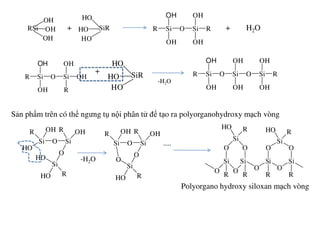 + + H2O
+
Sản phẩm trên có thể ngưng tụ nội phân tử để tạo ra polyorganohydroxy mạch vòng
RSi
OH
OH
OH
SiR
HO
HO
HO
Si O
OH
OH
R Si
OH
OH
R
Si O
OH
OH
R Si
R
OH
OH SiR
HO
HO
HO
Si O
OH
OH
R Si
OH
OH
O Si
OH
OH
R
-H2O
....
Polyorgano hydroxy siloxan mạch vòng
Si
R OH
HO
O Si
R OH
O
Si
HO
HO R
Si
R OH
O Si
R OH
O
Si
O
HO R
Si
HO R
O O
Si Si
R
O O
R
O
Si
O
R
O
Si
HO R
O
Si
R
-H2O
 
