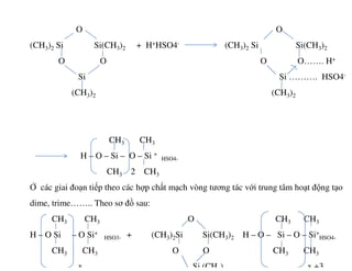 O O
(CH3)2 Si Si(CH3)2 + H+HSO4- (CH3)2 Si Si(CH3)2
O O O O……. H+
Si Si ………. HSO4-
(CH3)2 (CH3)2
CH CHCH3 CH3
H – O – Si – O – Si +
HSO4-
CH3 2 CH3
Ở các giai đoạn tiếp theo các hợp chất mạch vòng tương tác với trung tâm hoạt động tạo
dime, trime…….. Theo sơ đồ sau:
CH3 CH3 O CH3 CH3
H – O Si – O Si+
HSO3- + (CH3)2Si Si(CH3)2 H – O – Si – O – Si+
HSO4-
CH3 CH3 O O CH3 CH3
x Si (CH ) x +3
 