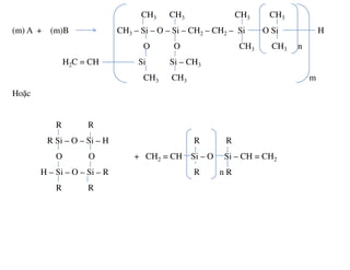 CH3 CH3 CH3 CH3
(m) A + (m)B CH3 – Si – O – Si – CH2 – CH2 – Si O Si H
O O CH3 CH3 n
H2C = CH Si Si – CH3
CH3 CH3 m
Hoặc
R R
R Si – O – Si – H R R
O O + CH2 = CH Si – O Si – CH = CH2
H – Si – O – Si – R R n R
R R
 
