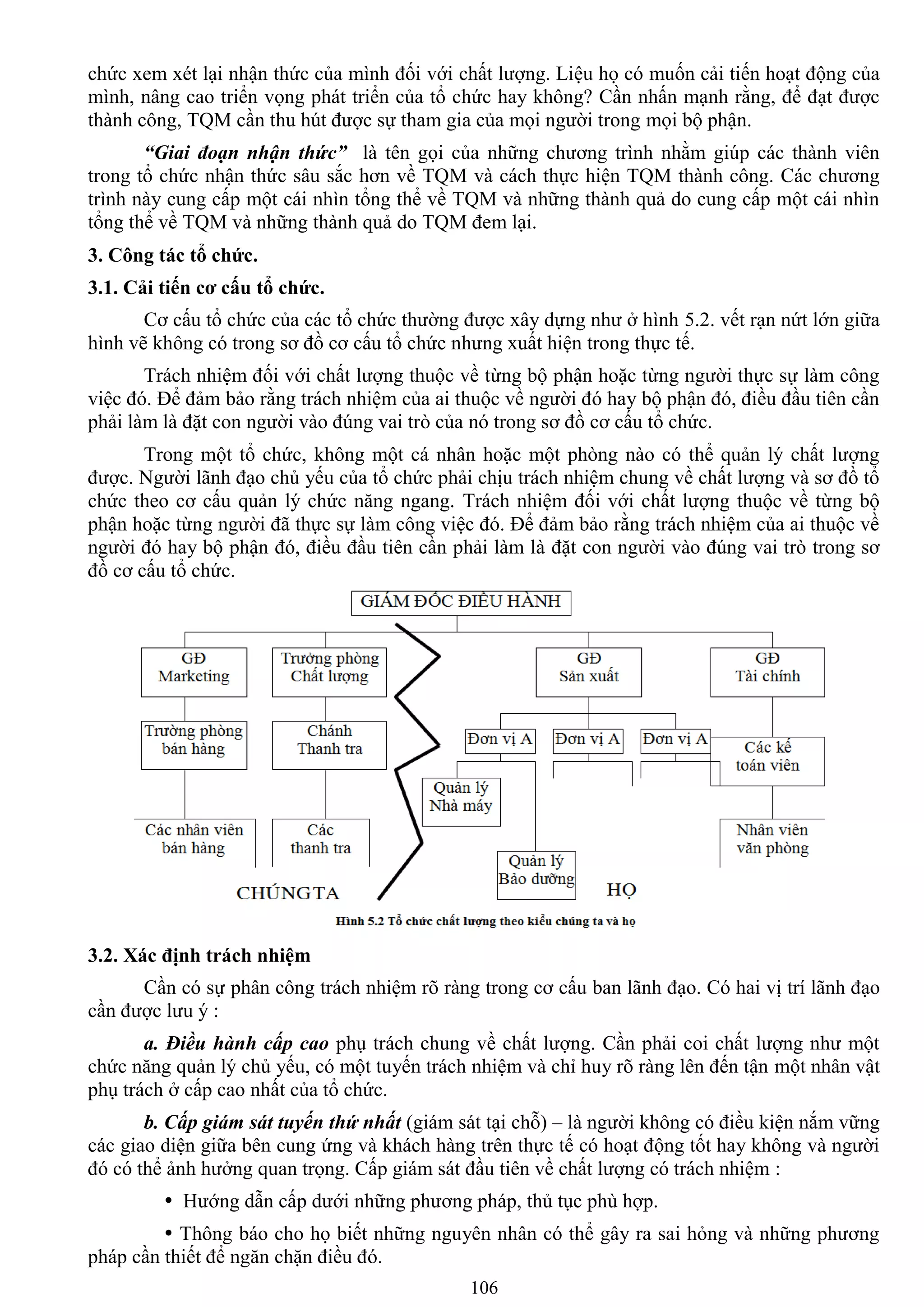 106
chức xem xét lại nhận thức của mình đối với chất lƣợng. Liệu họ có muốn cải tiến hoạt động của
mình, nâng cao triển vọng phát triển của tổ chức hay không? Cần nhấn mạnh rằng, để đạt đƣợc
thành công, TQM cần thu hút đƣợc sự tham gia của mọi ngƣời trong mọi bộ phận.
“Giai đoạn nhận thức” là tên gọi của những chƣơng trình nhằm giúp các thành viên
trong tổ chức nhận thức sâu sắc hơn về TQM và cách thực hiện TQM thành công. Các chƣơng
trình này cung cấp một cái nhìn tổng thể về TQM và những thành quả do cung cấp một cái nhìn
tổng thể về TQM và những thành quả do TQM đem lại.
3. Công tác tổ chức.
3.1. Cải tiến cơ cấu tổ chức.
Cơ cấu tổ chức của các tổ chức thƣờng đƣợc xây dựng nhƣ ở hình 5.2. vết rạn nứt lớn giữa
hình vẽ không có trong sơ đồ cơ cấu tổ chức nhƣng xuất hiện trong thực tế.
Trách nhiệm đối với chất lƣợng thuộc về từng bộ phận hoặc từng ngƣời thực sự làm công
việc đó. Để đảm bảo rằng trách nhiệm của ai thuộc về ngƣời đó hay bộ phận đó, điều đầu tiên cần
phải làm là đặt con ngƣời vào đúng vai trò của nó trong sơ đồ cơ cấu tổ chức.
Trong một tổ chức, không một cá nhân hoặc một phòng nào có thể quản lý chất lƣợng
đƣợc. Ngƣời lãnh đạo chủ yếu của tổ chức phải chịu trách nhiệm chung về chất lƣợng và sơ đồ tổ
chức theo cơ cấu quản lý chức năng ngang. Trách nhiệm đối với chất lƣợng thuộc về từng bộ
phận hoặc từng ngƣời đã thực sự làm công việc đó. Để đảm bảo rằng trách nhiệm của ai thuộc về
ngƣời đó hay bộ phận đó, điều đầu tiên cần phải làm là đặt con ngƣời vào đúng vai trò trong sơ
đồ cơ cấu tổ chức.
3.2. Xác định trách nhiệm
Cần có sự phân công trách nhiệm rõ ràng trong cơ cấu ban lãnh đạo. Có hai vị trí lãnh đạo
cần đƣợc lƣu ý :
a. Điều hành cấp cao phụ trách chung về chất lƣợng. Cần phải coi chất lƣợng nhƣ một
chức năng quản lý chủ yếu, có một tuyến trách nhiệm và chỉ huy rõ ràng lên đến tận một nhân vật
phụ trách ở cấp cao nhất của tổ chức.
b. Cấp giám sát tuyến thứ nhất (giám sát tại chỗ) – là ngƣời không có điều kiện nắm vững
các giao diện giữa bên cung ứng và khách hàng trên thực tế có hoạt động tốt hay không và ngƣời
đó có thể ảnh hƣởng quan trọng. Cấp giám sát đầu tiên về chất lƣợng có trách nhiệm :
 Hƣớng dẫn cấp dƣới những phƣơng pháp, thủ tục phù hợp.
 Thông báo cho họ biết những nguyên nhân có thể gây ra sai hỏng và những phƣơng
pháp cần thiết để ngăn chặn điều đó.
 