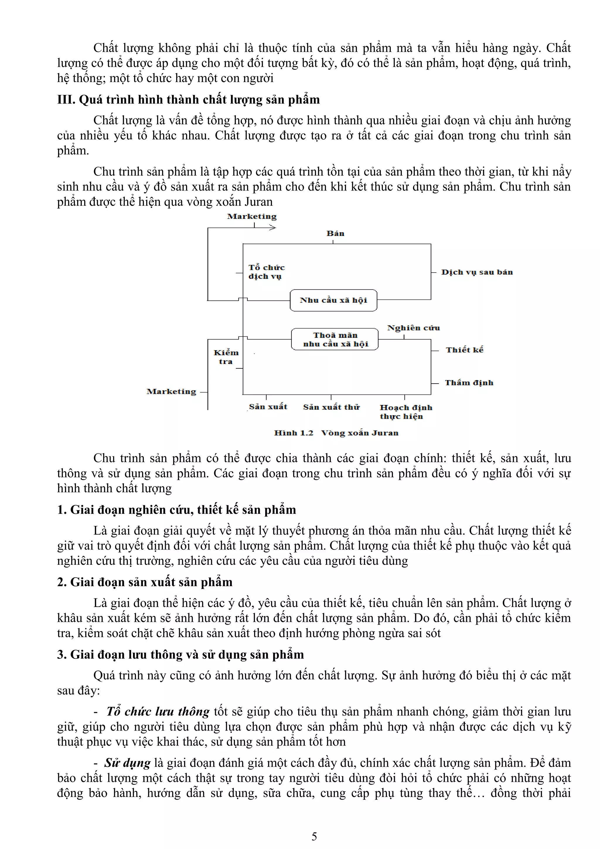 5
Chất lƣợng không phải chỉ là thuộc tính của sản phẩm mà ta vẫn hiểu hàng ngày. Chất
lƣợng có thể đƣợc áp dụng cho một đối tƣợng bất kỳ, đó có thể là sản phẩm, hoạt động, quá trình,
hệ thống; một tổ chức hay một con ngƣời
III. Quá trình hình thành chất lƣợng sản phẩm
Chất lƣợng là vấn đề tổng hợp, nó đƣợc hình thành qua nhiều giai đoạn và chịu ảnh hƣởng
của nhiều yếu tố khác nhau. Chất lƣợng đƣợc tạo ra ở tất cả các giai đoạn trong chu trình sản
phẩm.
Chu trình sản phẩm là tập hợp các quá trình tồn tại của sản phẩm theo thời gian, từ khi nẩy
sinh nhu cầu và ý đồ sản xuất ra sản phẩm cho đến khi kết thúc sử dụng sản phẩm. Chu trình sản
phẩm đƣợc thể hiện qua vòng xoắn Juran
Chu trình sản phẩm có thể đƣợc chia thành các giai đoạn chính: thiết kế, sản xuất, lƣu
thông và sử dụng sản phẩm. Các giai đoạn trong chu trình sản phẩm đều có ý nghĩa đối với sự
hình thành chất lƣợng
1. Giai đoạn nghiên cứu, thiết kế sản phẩm
Là giai đoạn giải quyết về mặt lý thuyết phƣơng án thỏa mãn nhu cầu. Chất lƣợng thiết kế
giữ vai trò quyết định đối với chất lƣợng sản phẩm. Chất lƣợng của thiết kế phụ thuộc vào kết quả
nghiên cứu thị trƣờng, nghiên cứu các yêu cầu của ngƣời tiêu dùng
2. Giai đoạn sản xuất sản phẩm
Là giai đoạn thể hiện các ý đồ, yêu cầu của thiết kế, tiêu chuẩn lên sản phẩm. Chất lƣợng ở
khâu sản xuất kém sẽ ảnh hƣởng rất lớn đến chất lƣợng sản phẩm. Do đó, cần phải tổ chức kiểm
tra, kiểm soát chặt chẽ khâu sản xuất theo định hƣớng phòng ngừa sai sót
3. Giai đoạn lƣu thông và sử dụng sản phẩm
Quá trình này cũng có ảnh hƣởng lớn đến chất lƣợng. Sự ảnh hƣởng đó biểu thị ở các mặt
sau đây:
- Tổ chức lưu thông tốt sẽ giúp cho tiêu thụ sản phẩm nhanh chóng, giảm thời gian lƣu
giữ, giúp cho ngƣời tiêu dùng lựa chọn đƣợc sản phẩm phù hợp và nhận đƣợc các dịch vụ kỹ
thuật phục vụ việc khai thác, sử dụng sản phẩm tốt hơn
- Sử dụng là giai đoạn đánh giá một cách đầy đủ, chính xác chất lƣợng sản phẩm. Để đảm
bảo chất lƣợng một cách thật sự trong tay ngƣời tiêu dùng đòi hỏi tổ chức phải có những hoạt
động bảo hành, hƣớng dẫn sử dụng, sữa chữa, cung cấp phụ tùng thay thế… đồng thời phải
 