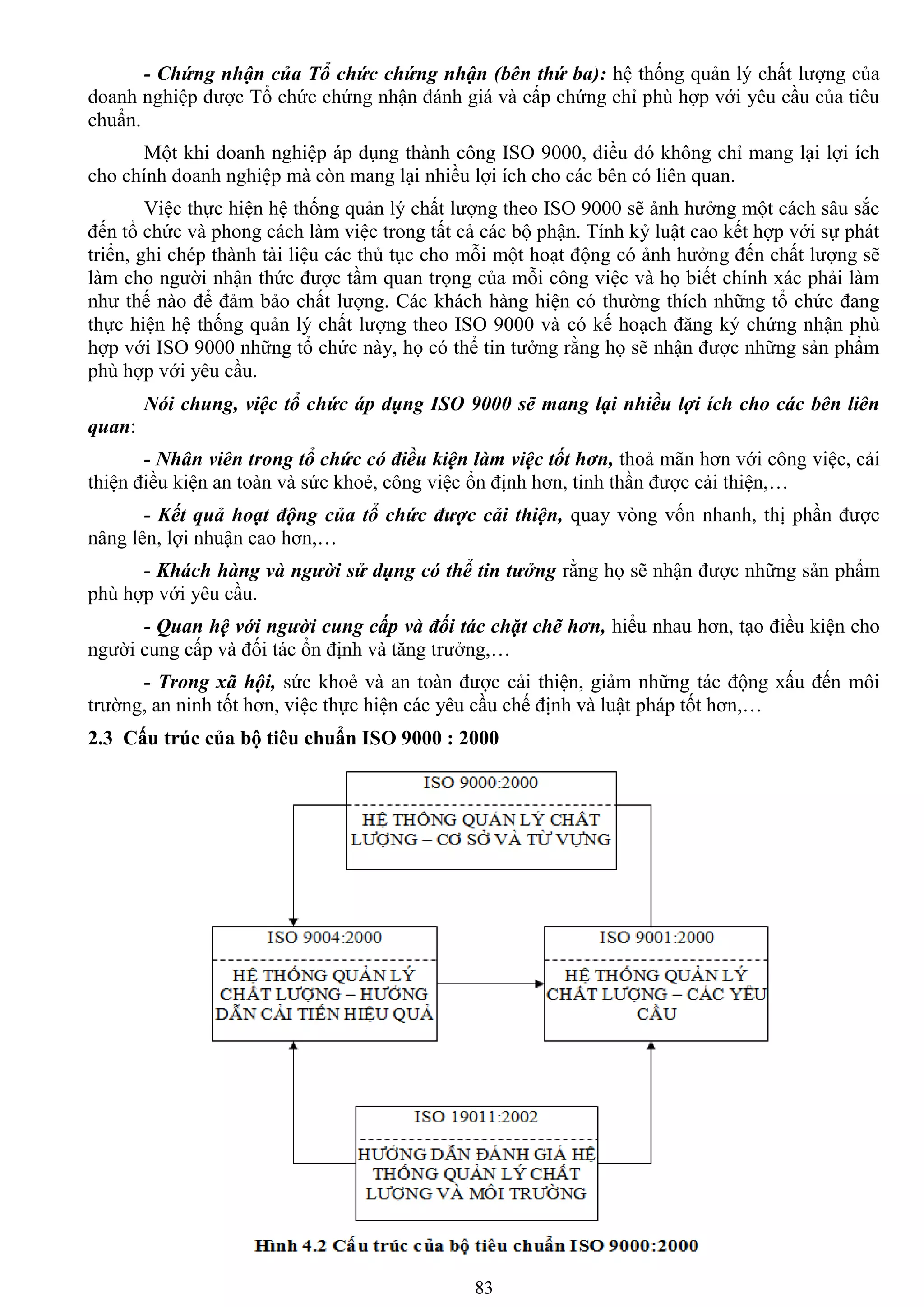 83
- Chứng nhận của Tổ chức chứng nhận (bên thứ ba): hệ thống quản lý chất lƣợng của
doanh nghiệp đƣợc Tổ chức chứng nhận đánh giá và cấp chứng chỉ phù hợp với yêu cầu của tiêu
chuẩn.
Một khi doanh nghiệp áp dụng thành công ISO 9000, điều đó không chỉ mang lại lợi ích
cho chính doanh nghiệp mà còn mang lại nhiều lợi ích cho các bên có liên quan.
Việc thực hiện hệ thống quản lý chất lƣợng theo ISO 9000 sẽ ảnh hƣởng một cách sâu sắc
đến tổ chức và phong cách làm việc trong tất cả các bộ phận. Tính kỷ luật cao kết hợp với sự phát
triển, ghi chép thành tài liệu các thủ tục cho mỗi một hoạt động có ảnh hƣởng đến chất lƣợng sẽ
làm cho ngƣời nhận thức đƣợc tầm quan trọng của mỗi công việc và họ biết chính xác phải làm
nhƣ thế nào để đảm bảo chất lƣợng. Các khách hàng hiện có thƣờng thích những tổ chức đang
thực hiện hệ thống quản lý chất lƣợng theo ISO 9000 và có kế hoạch đăng ký chứng nhận phù
hợp với ISO 9000 những tổ chức này, họ có thể tin tƣởng rằng họ sẽ nhận đƣợc những sản phẩm
phù hợp với yêu cầu.
Nói chung, việc tổ chức áp dụng ISO 9000 sẽ mang lại nhiều lợi ích cho các bên liên
quan:
- Nhân viên trong tổ chức có điều kiện làm việc tốt hơn, thoả mãn hơn với công việc, cải
thiện điều kiện an toàn và sức khoẻ, công việc ổn định hơn, tinh thần đƣợc cải thiện,…
- Kết quả hoạt động của tổ chức được cải thiện, quay vòng vốn nhanh, thị phần đƣợc
nâng lên, lợi nhuận cao hơn,…
- Khách hàng và người sử dụng có thể tin tưởng rằng họ sẽ nhận đƣợc những sản phẩm
phù hợp với yêu cầu.
- Quan hệ với người cung cấp và đối tác chặt chẽ hơn, hiểu nhau hơn, tạo điều kiện cho
ngƣời cung cấp và đối tác ổn định và tăng trƣởng,…
- Trong xã hội, sức khoẻ và an toàn đƣợc cải thiện, giảm những tác động xấu đến môi
trƣờng, an ninh tốt hơn, việc thực hiện các yêu cầu chế định và luật pháp tốt hơn,…
2.3 Cấu trúc của bộ tiêu chuẩn ISO 9000 : 2000
 