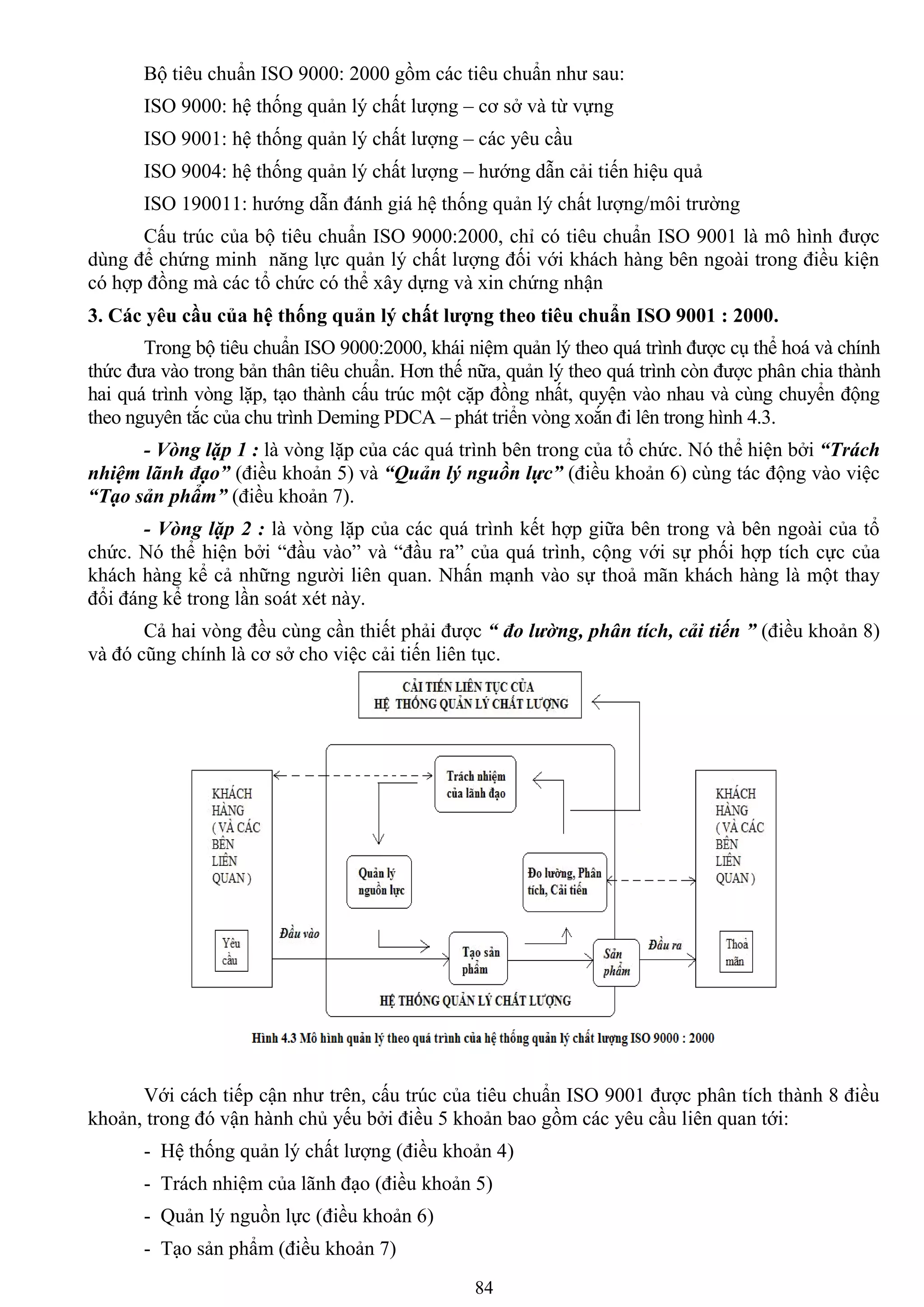 84
Bộ tiêu chuẩn ISO 9000: 2000 gồm các tiêu chuẩn nhƣ sau:
ISO 9000: hệ thống quản lý chất lƣợng – cơ sở và từ vựng
ISO 9001: hệ thống quản lý chất lƣợng – các yêu cầu
ISO 9004: hệ thống quản lý chất lƣợng – hƣớng dẫn cải tiến hiệu quả
ISO 190011: hƣớng dẫn đánh giá hệ thống quản lý chất lƣợng/môi trƣờng
Cấu trúc của bộ tiêu chuẩn ISO 9000:2000, chỉ có tiêu chuẩn ISO 9001 là mô hình đƣợc
dùng để chứng minh năng lực quản lý chất lƣợng đối với khách hàng bên ngoài trong điều kiện
có hợp đồng mà các tổ chức có thể xây dựng và xin chứng nhận
3. Các yêu cầu của hệ thống quản lý chất lƣợng theo tiêu chuẩn ISO 9001 : 2000.
Trong bộ tiêu chuẩn ISO 9000:2000, khái niệm quản lý theo quá trình đƣợc cụ thể hoá và chính
thức đƣa vào trong bản thân tiêu chuẩn. Hơn thế nữa, quản lý theo quá trình còn đƣợc phân chia thành
hai quá trình vòng lặp, tạo thành cấu trúc một cặp đồng nhất, quyện vào nhau và cùng chuyển động
theo nguyên tắc của chu trình Deming PDCA – phát triển vòng xoắn đi lên trong hình 4.3.
- Vòng lặp 1 : là vòng lặp của các quá trình bên trong của tổ chức. Nó thể hiện bởi “Trách
nhiệm lãnh đạo” (điều khoản 5) và “Quản lý nguồn lực” (điều khoản 6) cùng tác động vào việc
“Tạo sản phẩm” (điều khoản 7).
- Vòng lặp 2 : là vòng lặp của các quá trình kết hợp giữa bên trong và bên ngoài của tổ
chức. Nó thể hiện bởi “đầu vào” và “đầu ra” của quá trình, cộng với sự phối hợp tích cực của
khách hàng kể cả những ngƣời liên quan. Nhấn mạnh vào sự thoả mãn khách hàng là một thay
đổi đáng kể trong lần soát xét này.
Cả hai vòng đều cùng cần thiết phải đƣợc “ đo lường, phân tích, cải tiến ” (điều khoản 8)
và đó cũng chính là cơ sở cho việc cải tiến liên tục.
Với cách tiếp cận nhƣ trên, cấu trúc của tiêu chuẩn ISO 9001 đƣợc phân tích thành 8 điều
khoản, trong đó vận hành chủ yếu bởi điều 5 khoản bao gồm các yêu cầu liên quan tới:
- Hệ thống quản lý chất lƣợng (điều khoản 4)
- Trách nhiệm của lãnh đạo (điều khoản 5)
- Quản lý nguồn lực (điều khoản 6)
- Tạo sản phẩm (điều khoản 7)
 