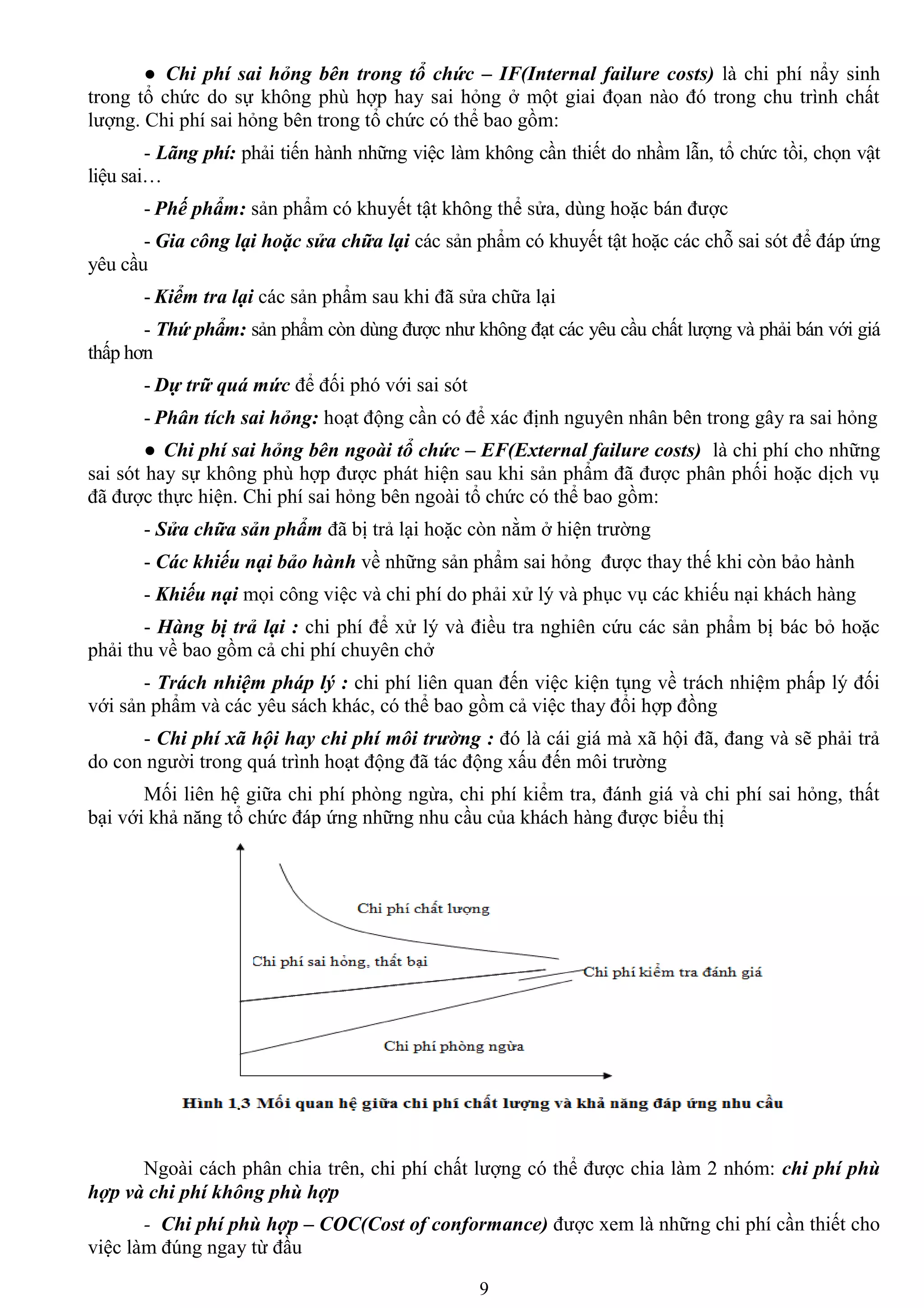 9
● Chi phí sai hỏng bên trong tổ chức – IF(Internal failure costs) là chi phí nẩy sinh
trong tổ chức do sự không phù hợp hay sai hỏng ở một giai đọan nào đó trong chu trình chất
lƣợng. Chi phí sai hỏng bên trong tổ chức có thể bao gồm:
- Lãng phí: phải tiến hành những việc làm không cần thiết do nhầm lẫn, tổ chức tồi, chọn vật
liệu sai…
- Phế phẩm: sản phẩm có khuyết tật không thể sửa, dùng hoặc bán đƣợc
- Gia công lại hoặc sửa chữa lại các sản phẩm có khuyết tật hoặc các chỗ sai sót để đáp ứng
yêu cầu
- Kiểm tra lại các sản phẩm sau khi đã sửa chữa lại
- Thứ phẩm: sản phẩm còn dùng đƣợc nhƣ không đạt các yêu cầu chất lƣợng và phải bán với giá
thấp hơn
- Dự trữ quá mức để đối phó với sai sót
- Phân tích sai hỏng: hoạt động cần có để xác định nguyên nhân bên trong gây ra sai hỏng
● Chi phí sai hỏng bên ngoài tổ chức – EF(External failure costs) là chi phí cho những
sai sót hay sự không phù hợp đƣợc phát hiện sau khi sản phẩm đã đƣợc phân phối hoặc dịch vụ
đã đƣợc thực hiện. Chi phí sai hỏng bên ngoài tổ chức có thể bao gồm:
- Sửa chữa sản phẩm đã bị trả lại hoặc còn nằm ở hiện trƣờng
- Các khiếu nại bảo hành về những sản phẩm sai hỏng đƣợc thay thế khi còn bảo hành
- Khiếu nại mọi công việc và chi phí do phải xử lý và phục vụ các khiếu nại khách hàng
- Hàng bị trả lại : chi phí để xử lý và điều tra nghiên cứu các sản phẩm bị bác bỏ hoặc
phải thu về bao gồm cả chi phí chuyên chở
- Trách nhiệm pháp lý : chi phí liên quan đến việc kiện tụng về trách nhiệm phấp lý đối
với sản phẩm và các yêu sách khác, có thể bao gồm cả việc thay đổi hợp đồng
- Chi phí xã hội hay chi phí môi trường : đó là cái giá mà xã hội đã, đang và sẽ phải trả
do con ngƣời trong quá trình hoạt động đã tác động xấu đến môi trƣờng
Mối liên hệ giữa chi phí phòng ngừa, chi phí kiểm tra, đánh giá và chi phí sai hỏng, thất
bại với khả năng tổ chức đáp ứng những nhu cầu của khách hàng đƣợc biểu thị
Ngoài cách phân chia trên, chi phí chất lƣợng có thể đƣợc chia làm 2 nhóm: chi phí phù
hợp và chi phí không phù hợp
- Chi phí phù hợp – COC(Cost of conformance) đƣợc xem là những chi phí cần thiết cho
việc làm đúng ngay từ đầu
 