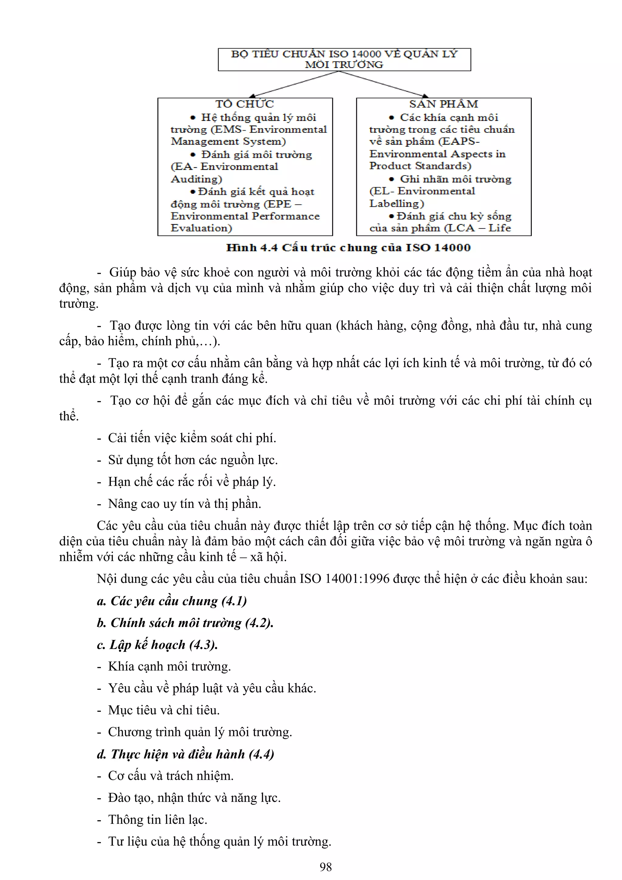 98
- Giúp bảo vệ sức khoẻ con ngƣời và môi trƣờng khỏi các tác động tiềm ẩn của nhà hoạt
động, sản phẩm và dịch vụ của mình và nhằm giúp cho việc duy trì và cải thiện chất lƣợng môi
trƣờng.
- Tạo đƣợc lòng tin với các bên hữu quan (khách hàng, cộng đồng, nhà đầu tƣ, nhà cung
cấp, bảo hiểm, chính phủ,…).
- Tạo ra một cơ cấu nhằm cân bằng và hợp nhất các lợi ích kinh tế và môi trƣờng, từ đó có
thể đạt một lợi thế cạnh tranh đáng kể.
- Tạo cơ hội để gắn các mục đích và chỉ tiêu về môi trƣờng với các chi phí tài chính cụ
thể.
- Cải tiến việc kiểm soát chi phí.
- Sử dụng tốt hơn các nguồn lực.
- Hạn chế các rắc rối về pháp lý.
- Nâng cao uy tín và thị phần.
Các yêu cầu của tiêu chuẩn này đƣợc thiết lập trên cơ sở tiếp cận hệ thống. Mục đích toàn
diện của tiêu chuẩn này là đảm bảo một cách cân đối giữa việc bảo vệ môi trƣờng và ngăn ngừa ô
nhiễm với các những cầu kinh tế – xã hội.
Nội dung các yêu cầu của tiêu chuẩn ISO 14001:1996 đƣợc thể hiện ở các điều khoản sau:
a. Các yêu cầu chung (4.1)
b. Chính sách môi trường (4.2).
c. Lập kế hoạch (4.3).
- Khía cạnh môi trƣờng.
- Yêu cầu về pháp luật và yêu cầu khác.
- Mục tiêu và chỉ tiêu.
- Chƣơng trình quản lý môi trƣờng.
d. Thực hiện và điều hành (4.4)
- Cơ cấu và trách nhiệm.
- Đào tạo, nhận thức và năng lực.
- Thông tin liên lạc.
- Tƣ liệu của hệ thống quản lý môi trƣờng.
 
