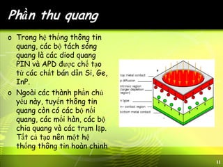 11
Phần thu quang
o Trong hệ thống thông tin
quang, các bộ tách sóng
quang là các diod quang
PIN và APD được chế tạo
từ các chất bán dẫn Si, Ge,
InP.
o Ngoài các thành phần chủ
yếu này, tuyến thông tin
quang còn có các bộ nối
quang, các mối hàn, các bộ
chia quang và các trạm lặp.
Tất cả tạo nên một hệ
thống thông tin hoàn chỉnh
 
