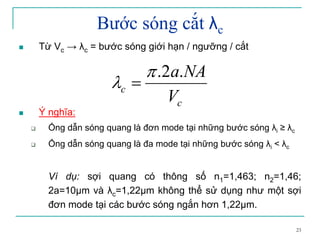 23
Bước sóng cắt λc
Từ Vc → λc = bước sóng giới hạn / ngưỡng / cắt
Ý nghĩa:
Ống dẫn sóng quang là đơn mode tại những bước sóng λi ≥ λc
Ống dẫn sóng quang là đa mode tại những bước sóng λi < λc
Ví dụ: sợi quang có thông số n1=1,463; n2=1,46;
2a=10µm và λc=1,22µm không thể sử dụng như một sợi
đơn mode tại các bước sóng ngắn hơn 1,22µm.
c
c
V
NAa.2.π
λ =
 