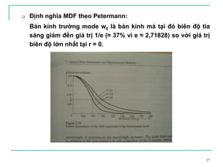 27
Định nghĩa MDF theo Petermann:
Bán kính trường mode w0 là bán kính mà tại đó biên độ tia
sáng giảm đến giá trị 1/e (≈ 37% vì e ≈ 2,71828) so với giá trị
biên độ lớn nhất tại r = 0.
 