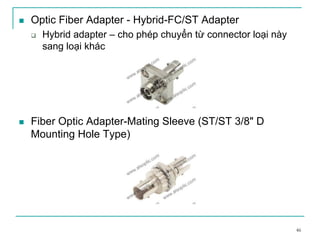 46
Optic Fiber Adapter - Hybrid-FC/ST Adapter
Hybrid adapter – cho phép chuyển từ connector loại này
sang loại khác
Fiber Optic Adapter-Mating Sleeve (ST/ST 3/8" D
Mounting Hole Type)
 