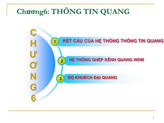 1
Chương6: THÔNG TIN QUANG
C
H
Ư
Ơ
N
G
6
1 KẾT CẤU CỦA HỆ THỐNG THÔNG TIN QUANG
2 HỆ THỐNG GHÉP KÊNH QUANG WDM
3 BỘ KHUẾCH ĐẠI QUANG
 