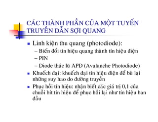 CAÙC THAØNH PHAÀN CUÛA MOÄT TUYEÁNCAC THANH PHAN CUA MOÄT TUYEN
TRUYEÀN DAÃN SÔÏI QUANG
Linh kieän thu quang (photodiode):
− Bieán ñoåi tín hieäu quang thaønh tín hieäu ñieänä q g ä ä
− PIN
− Diode thaùc luõ APD (Avalanche Photodiode)
Khueách ñaïi: khueách ñaïi tín hieäu ñieän ñeå buø laïi
nhöõng suy hao do ñöôøng truyeàn
à áPhuïc hoài tín hieäu: nhaän bieát caùc giaù trò 0,1 cuûa
chuoãi bít tín hieäu ñeå phuïc hoài laïi nhö tín hieäu ban
ñaàuñau
 