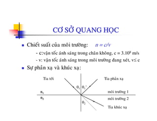 CÔ SÔÛ QUANG HOÏC
Chieát suaát cuûa moâi tröôøng: n = c/v
c:vaän toác aùnh saùng trong chaân khoâng c = 3 108 m/s- c:vaän toc anh sang trong chan khong, c = 3.108 m/s
- v: vaän toác aùnh saùng trong moâi tröôøng ñang xeùt, v≤ c
Sö phaûn xa vaø khuùc xa:Söï phan xaï va khuc xaï:
Tia tôùi Tia phaûn xaï
θ1
moâi tröôøng 2n2
moâi tröôøng 1n1
θ1’
θ2
moi tröông 2n2
Tia khuùc xaï
 