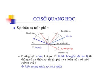 CÔ SÔÛ QUANG HOÏC
Söï phaûn xaï toaøn phaàn:
Tia tôùi han
Tia phaûn xaï
θ 90° (θ θ )
θc
n1
Tia tôi haïn
(θ1> θc)
θ2= 90° (θ1= θc)
n2
n1
Tia khuùc xa
θ2< 90°
(n1>n2)
(θ1< θc)
− Tröôøng hôïp n1>n2, khi goùc tôùi θ1 lôùn hôn goùc tôùi haïn θc thì
khoâng coù tia khuùc xaï, tia tôùi phaûn xaï hoaøn toaøn veà moâi
t öôø t à
Tia khuc xaï
tröôøng tryeàn
hieän töôïng phaûn xaï toaøn phaàn
 