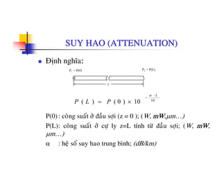 SUY HAO (ATTENUATION)
Ñònh nghóa:
P2 = P(L)P1 = P(0)
L
L⋅α
P(0) : coâng suaát ôû ñaàu sôi (z = 0 ); (W, mW,μm…)
10
10)0()(
L
PLP
−
×=
α
P(0) : cong suat ô ñau sôïi (z 0 ); (W, mW,μm…)
P(L): coâng suaát ôû cöï ly z=L tính töø ñaàu sôïi; (W, mW,
μm…)
α : heä soá suy hao trung bình; (dB/km)
 