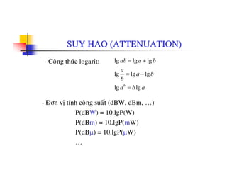 SUY HAO (ATTENUATION)
- Coâng thöùc logarit: lg lg lg
lg lg lg
ab a b
a
a b
b
= +
= −g g g
lg lgb
b
a b a=
- Ñôn vò tính coâng suaát (dBW, dBm, …)
P(dBW) = 10.lgP(W)
P(dB ) 10 l P( W)P(dBm) = 10.lgP(mW)
P(dBμ) = 10.lgP(μW)
…
 