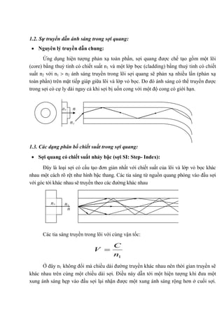 1.2. Sự truyền dẫn ánh sáng trong sợi quang:
Nguyên lý truyền dẫn chung:
Ứng dụng hiện tượng phản xạ toàn phần, sợi quang được chế tạo gồm một lõi
(core) bằng thuỷ tinh có chiết suất n1 và một lớp bọc (cladding) bằng thuỷ tinh có chiết
suất n2 với n1 n2 ánh sáng truyền trong lõi sợi quang sẽ phản xạ nhiều lần (phản xạ
toàn phần) trên mặt tiếp giáp giữa lõi và lớp vỏ bọc. Do đó ánh sáng có thể truyền được
trong sợi có cự ly dài ngay cả khi sợi bị uốn cong với một độ cong có giới hạn.
1.3. Các dạng phân bố chiết suất trong sợi quang:
Sợi quang có chiết suất nhảy bậc (sợi SI: Step- Index):
Đây là loại sợi có cấu tạo đơn giản nhất với chiết suất của lõi và lớp vỏ bọc khác
nhau một cách rõ rệt như hình bậc thang. Các tia sáng từ nguồn quang phóng vào đầu sợi
với góc tới khác nhau sẽ truyền theo các đường khác nhau
Các tia sáng truyền trong lõi với cùng vận tốc:
Ở đây n1 không đổi mà chiều dài đường truyền khác nhau nên thời gian truyền sẽ
khác nhau trên cùng một chiều dài sợi. Điều này dẫn tới một hiện tượng khi đưa một
xung ánh sáng hẹp vào đầu sợi lại nhận được một xung ánh sáng rộng hơn ở cuối sợi.
1n
C
V
n2
n1
n
n2
n
n1
 