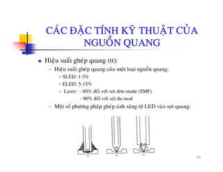 CAÙC ÑAËC TÍNH KYÕ THUAÄT CUÛACAC ÑAËC TÍNH KY THUAÄT CUA
NGUOÀN QUANG
Hieäu suaát gheùp quang (tt):
− Hieäu suaát gheùp quang cuûa moät loaïi nguoàn quang:
SLED 1 5%+ SLED: 1-5%
+ ELED: 5-15%
+ Laser: - 60% ñoái vôùi sôïi ñôn mode (SMF)
90% ñ ái ùi i ñ d- 90% ñoái vôùi sôïi ña mod
− Moät soá phöông phaùp gheùp aùnh saùng töø LED vaøo sôïi quang:
33
 
