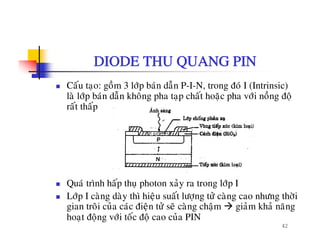 DIODE THU QUANG PIN
Caáu taïo: goàm 3 lôùp baùn daãn P-I-N, trong ñoù I (Intrinsic)
laø lôùp baùn daãn khoâng pha taïp chaát hoaëc pha vôùi noàng ñoä
raát thaáprat thap
Quaù trình haáp thuï photon xaûy ra trong lôùp I
Lôùp I caøng daøy thì hieäu suaát löôïng töû caøng cao nhöng thôøi
42
gian troâi cuûa caùc ñieän töû seõ caøng chaäm giaûm khaû naêng
hoaït ñoäng vôùi toác ñoä cao cuûa PIN
 