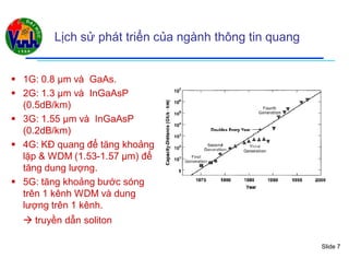 Slide 7
Lịch sử phát triển của ngành thông tin quang
 1G: 0.8 µm và GaAs.
 2G: 1.3 µm và InGaAsP
(0.5dB/km)
 3G: 1.55 µm và InGaAsP
(0.2dB/km)
 4G: KĐ quang để tăng khoảng
lặp & WDM (1.53-1.57 µm) để
tăng dung lượng.
 5G: tăng khoảng bước sóng
trên 1 kênh WDM và dung
lượng trên 1 kênh.
 truyền dẫn soliton
 
