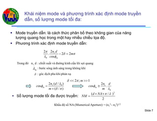 Slide 7
Khái niệm mode và phương trình xác định mode truyền
dẫn, số lượng mode tối đa:
 Mode truyền dẫn: là cách thức phân bố theo không gian của năng
lượng quang học trong một hay nhiều chiều tọa độ.
 Phương trình xác định mode truyền dẫn:
1
0 m
22
. 2 2
os
n d
m
c

 
 
 
Trong đó n1, d : chiết suất và đường kính của lõi sợi quang
: bước sóng ánh sáng trong không khí
: góc dịch pha khi phản xạ
0
1 0
m
2 ( / )
os
( / )
n d
c
m


 


1
m
0
2
os .
n d
c
m



2 ; 1m  
 Số lượng mode tối đa được truyền:
2
( / )
2
d NA
NM
  

Khẩu độ số NA (Mumerical Aperture) = (n1
2 - n2
2)1/2
 