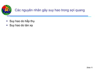 Slide 11
Các nguyên nhân gây suy hao trong sợi quang
 Suy hao do hấp thụ
 Suy hao do tán xạ
 