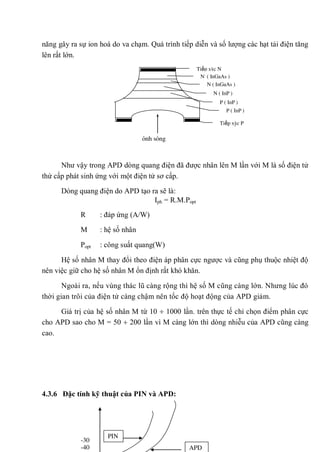 năng gây ra sự ion hoá do va chạm. Quá trình tiếp diễn và số lượng các hạt tải điện tăng
lên rất lớn.
Như vậy trong APD dòng quang điện đã được nhân lên M lần với M là số điện tử
thứ cấp phát sinh ứng với một điện tử sơ cấp.
Dòng quang điện do APD tạo ra sẽ là:
Iph = R.M.Popt
R : đáp ứng (A/W)
M : hệ số nhân
Popt : công suất quang(W)
Hệ số nhân M thay đổi theo điện áp phân cực ngược và cũng phụ thuộc nhiệt độ
nên việc giữ cho hệ số nhân M ổn định rất khó khăn.
Ngoài ra, nếu vùng thác lũ càng rộng thì hệ số M cũng càng lớn. Nhưng lúc đó
thời gian trôi của điện tử càng chậm nên tốc độ hoạt động của APD giảm.
Giá trị của hệ số nhân M từ 10 1000 lần. trên thực tế chỉ chọn điểm phân cực
cho APD sao cho M = 50 200 lần vì M càng lớn thì dòng nhiễu của APD cũng càng
cao.
4.3.6 Đặc tính kỹ thuật của PIN và APD:
ánh sáng
Tiếp xúc N
Tiếp xúc P
N-
( InGaAs )
N ( InGaAs )
N ( InP )
P ( InP )
P ( InP )
-30
-40 APD
PIN
 