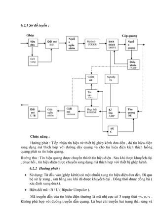 6.2.1 Sơ đồ tuyến :
Chức năng :
Hướng phát : Tiếp nhận tín hiệu từ thiết bị ghép kênh đưa đến , đổ tín hiệu điện
sang dạng mã thích hợp với đường dây quang và cho tín hiệu điện kích thích luồng
quang phát ra tín hiệu quang.
Hướng thu : Tín hiệu quang được chuyển thành tín hiệu điện . Sau khi được khuyếch đại
, phục hồi , tín hiệu điện được chuyển sang dạng mã thích hợp với thiết bị ghép kênh.
6.2.2 Hướng phát :
Sử dụng: Từ đầu vào (ghép kênh) có một chuỗi xung tín hiệu điện đưa đến. Đi qua
bộ sử lý xung , san bằng sau khi đã được khuyếch đại . Đồng thời được đồng bộ (
xác định xung dock).
Biến đổi mã : B / U ( Bipalar Uinpolor ).
Mã truyền dẫn của tín hiệu điện thường là mã nhị cực có 3 trạng thái +v, o,-v .
Không phù hợp với đường truyền dẫn quang. Là loại chỉ truyền hai trạng thái sáng và
Nguồ
n
quang
E / 0
Đổi mã
B/U
Sửa
dạn
g.
Nguồ
n
ngẫu
nhiên
. SCR
Mã hoá
CODER
kích
thích
DRIVE
tách
xung Điều
khiển
CSAPC
Ghép
kênh
Nghiệp
vụ
Thu
quang
OE
Giải
ngẫu
nhiên
Đổi
mã
U /B
Giải
mã
DECODER
Phục hồi
REGENE
K/
Đại
AMP
Giám
sát
Tái
tạo
Nhịp
AG
C
Cáp quang
 