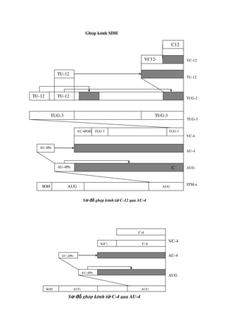 VC-12
TU-12
TUG-2
TUG-3
VC-4
AU-4
AUG
STM-n
C12
TU-12
Ptr
TU-12
Ptr
TU-12
Ptr
VC12-
POH
VC-4POH TUG-3 TUG-3
TUG-3 TUG-3
AU-4Ptr
AU-4Ptr
SOH AUG AUG
C
Sơ đồ ghép kênh từ C-12 qua AU-4
VC-4
AU-4
AUG
STM-n
C-4
C-4VC-
4POH
AU-4Ptr
AU-4Ptr
SOH AUG AUG
Sơ đồ ghép kênh từ C-4 qua AU-4
Ghép kênh SDH
 