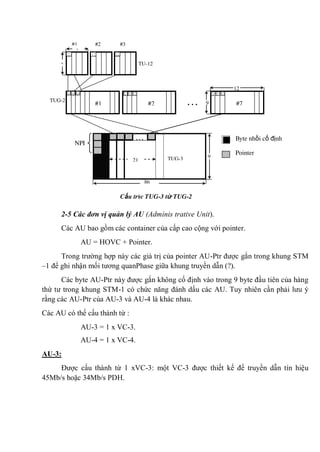 2-5 Các đơn vị quản lý AU (Adminis trative Unit).
Các AU bao gồm các container của cấp cao cộng với pointer.
AU = HOVC + Pointer.
Trong trường hợp này các giá trị của pointer AU-Ptr được gắn trong khung STM
–1 để ghi nhận mối tương quanPhase giữa khung truyền dẫn (?).
Các byte AU-Ptr này được gắn không cố định vào trong 9 byte đầu tiên của hàng
thứ tư trong khung STM-1 có chức năng đánh dấu các AU. Tuy nhiên cần phải lưu ý
rằng các AU-Ptr của AU-3 và AU-4 là khác nhau.
Các AU có thể cấu thành từ :
AU-3 = 1 x VC-3.
AU-4 = 1 x VC-4.
AU-3:
Được cấu thành từ 1 xVC-3: một VC-3 được thiết kế để truyền dẫn tín hiệu
45Mb/s hoặc 34Mb/s PDH.
Cấu trúc TUG-3 từ TUG-2
Byte nhồi cố định
Pointer
TUG-2
TU-12
#1 #2 #3
12
9
9
4
#1 #2 #7
9
86
NPI
21 TUG-3
 