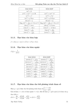 Khoa Khoa học cơ bản Bài giảng Toán cao cấp cho Tin học kinh tế
ĐẠO HÀM HÀM HỢP
(a) = 0
(xα
) = αxα−1
, α ∈ R (uα
) = αuα−1
u
(ex
) = ex
(eu
) = eu
u
(ax
) = ax
ln a (au
) = au
u ln a
(ln |x|) = 1
x
(ln |u|) = u
u
(loga |x|) = 1
x ln a
, a > 0, a = 1 (loga |u|) = u
u ln a
, a > 0, a = 1
(sin x) = cos x (sin u) = u cos u
(cos x) = − sin x (cos u) = −u sin u
(tan x) = 1
cos2x
(tan u) = u
cos2u
(cot x) = − 1
sin2x
(cot u) = − u
sin2u
3.1.5. Đạo hàm của hàm hợp
f = f(u), u = u(x) ⇒ f (x) = f (u) · u (x).
3.1.6. Đạo hàm của hàm ngược
x (y) =
1
y (x)
.
ĐẠO HÀM HÀM HỢP
(arcsin x) = 1√
1−x2 (arcsin u) = u√
1−u2
(arccos x) = − 1√
1−x2 (arccos u) = − u√
1−u2
(arctan x) = 1
1+x2 (arctan u) = u
1+u2
(arc cot x) = 1
1+x2 (arc cot u) = − u
1+u2
(sinh x) = cosh x (sinh u) = u cosh u
(cosh x) = sinh x (cosh u) = u sinh u
(tanh x) = 1
cosh2
x
(tanh u) = u
cosh2
u
(coth x) = 1
sinh2
x
(coth u) = u
sinh2
u
3.1.7. Đạo hàm của hàm cho bởi phương trình tham số
Hàm y = y(x) được cho bởi phương trình tham số:
x = x(t)
y = y(t).
Giả sử hàm x = x(t) có hàm ngược t = t(x). Khi đó hàm y = y(t)=y(t(x)) là hàm của y
theo biến x.
y (x) =
dy
dx
=
y (t)dt
x (t)dt
=
y (t)
x (t)
⇒ y (x) =
y (t)
x (t)
.
Ngô Mạnh Tưởng 55
 