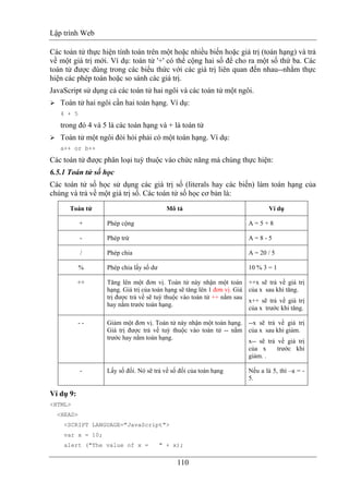 Lập trình Web
110
Các toán tử thực hiện tính toán trên một hoặc nhiều biến hoặc giá trị (toán hạng) và trả
về một giá trị mới. Ví dụ: toán tử '+' có thể cộng hai số để cho ra một số thứ ba. Các
toán tử được dùng trong các biểu thức với các giá trị liên quan đến nhau--nhằm thực
hiện các phép toán hoặc so sánh các giá trị.
JavaScript sử dụng cả các toán tử hai ngôi và các toán tử một ngôi.
Toán tử hai ngôi cần hai toán hạng. Ví dụ:
4 + 5
trong đó 4 và 5 là các toán hạng và + là toán tử
Toán tử một ngôi đòi hỏi phải có một toán hạng. Ví dụ:
a++ or b++
Các toán tử được phân loại tuỳ thuộc vào chức năng mà chúng thực hiện:
6.5.1 Toán tử số học
Các toán tử số học sử dụng các giá trị số (literals hay các biến) làm toán hạng của
chúng và trả về một giá trị số. Các toán tử số học cơ bản là:
Toán tử Mô tả Ví dụ
+ Phép cộng A = 5 + 8
- Phép trừ A = 8 - 5
/ Phép chia A = 20 / 5
% Phép chia lấy số dư 10 % 3 = 1
++ Tăng lên một đơn vị. Toán tử này nhận một toán
hạng. Giá trị của toán hạng sẽ tăng lên 1 đơn vị. Giá
trị được trả về sẽ tuỳ thuộc vào toán tử ++ nằm sau
hay nằm trước toán hạng.
++x sẽ trả về giá trị
của x sau khi tăng.
x++ sẽ trả về giá trị
của x trước khi tăng.
- - Giảm một đơn vị. Toán tử này nhận một toán hạng.
Giá trị được trả về tuỳ thuộc vào toán tử -- nằm
trước hay nằm toán hạng.
--x sẽ trả về giá trị
của x sau khi giảm.
x-- sẽ trả về giá trị
của x trước khi
giảm. .
- Lấy số đối. Nó sẽ trả về số đối của toán hạng Nếu a là 5, thì –a = -
5.
Ví dụ 9:
<HTML>
<HEAD>
<SCRIPT LANGUAGE="JavaScript">
var x = 10;
alert ("The value of x = " + x);
 