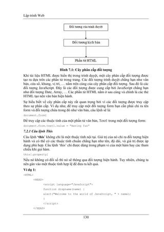 Lập trình Web
130
Hình 7.1: Cây phân cấp đối tượng
Khi tài liệu HTML được hiển thị trong trình duyệt, một cây phân cấp đối tượng được
tạo ra dựa trên các phần tử trong trang. Các đối tượng trình duyệt chẳng hạn như văn
bản, cửa sổ, khung, vị trí, … nằm trên cùng của cây phân cấp đối tượng. Sau đó là các
đối tượng JavaScript. Đây là các đối tượng được cung cấp bởi JavaScript chẳng hạn
như đối tượng Date, Array, … Các phần tử HTML nằm ở sau cùng và chính là các thẻ
HTML tạo nên văn bản hiện hành.
Sự hiểu biết về cây phân cấp này rất quan trọng bởi vì các đối tượng được truy cập
theo sự phân cấp. Ví dụ như, để truy cập một đối tượng form bạn cần phải chỉ ra tên
form và đối tượng chứa trong đó như văn bản, câu lệnh sẽ là:
document.form1
Để truy cập các thuộc tính của một phần tử văn bản, Text1 trong một đối tượng form:
document.form.text1.value = “Having fun”
7.2.1 Câu lệnh This
Câu lệnh ‘this’ không chỉ là một thuộc tính nội tại. Giá trị của nó chỉ ra đối tượng hiện
hành và có thể có các thuộc tính chuẩn chẳng hạn như tên, độ dài, và giá trị được áp
dụng phù hợp. Câu lệnh ‘this’ chỉ được dùng trong phạm vi của một hàm hay các tham
chiếu khi gọi hàm.
this[.property]
Nếu nó không có đối số thì nó sẽ thông qua đối tượng hiện hành. Tuy nhiên, chúng ta
nên gán vào một thuộc tính hợp lệ để đưa ra kết quả.
Ví dụ 1:
<HTML>
<HEAD>
<script language="JavaScript">
function dispname(name) {
alert("Welcome to the world of JavaScript, " + name);
}
</script>
</HEAD>
 