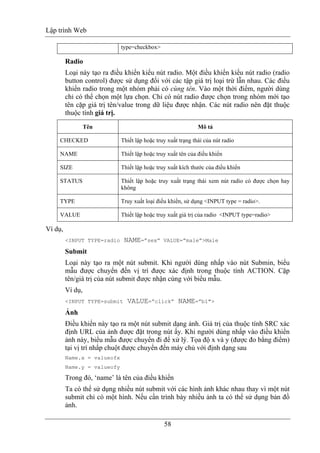 Lập trình Web
58
type=checkbox>
Radio
Loại này tạo ra điều khiển kiểu nút radio. Một điều khiển kiểu nút radio (radio
button control) được sử dụng đối với các tập giá trị loại trừ lẫn nhau. Các điều
khiển radio trong một nhóm phải có cùng tên. Vào một thời điểm, người dùng
chỉ có thể chọn một lựa chọn. Chỉ có nút radio được chọn trong nhóm mới tạo
tên cặp giá trị tên/value trong dữ liệu được nhận. Các nút radio nên đặt thuộc
thuộc tính giá trị.
Tên Mô tả
CHECKED Thiết lập hoặc truy xuất trạng thái của nút radio
NAME Thiết lập hoặc truy xuất tên của điều khiển
SIZE Thiết lập hoặc truy xuất kích thước của điều khiển
STATUS Thiết lập hoặc truy xuất trạng thái xem nút radio có được chọn hay
không
TYPE Truy xuất loại điều khiển, sử dụng <INPUT type = radio>.
VALUE Thiết lập hoặc truy xuất giá trị của radio <INPUT type=radio>
Ví dụ,
<INPUT TYPE=radio NAME=”sex” VALUE=”male”>Male
Submit
Loại này tạo ra một nút submit. Khi người dùng nhấp vào nút Submin, biểu
mẫu được chuyển đến vị trí được xác định trong thuộc tính ACTION. Cặp
tên/giá trị của nút submit được nhận cùng với biểu mẫu.
Ví dụ,
<INPUT TYPE=submit VALUE=”click” NAME=”b1">
Ảnh
Điều khiển này tạo ra một nút submit dạng ảnh. Giá trị của thuộc tính SRC xác
định URL của ảnh được đặt trong nút ấy. Khi người dùng nhấp vào điều khiển
ảnh này, biểu mẫu được chuyển đi để xử lý. Tọa độ x và y (được đo bằng điểm)
tại vị trí nhấp chuột được chuyển đến máy chủ với định dạng sau
Name.x = valueofx
Name.y = valueofy
Trong đó, ‘name’ là tên của điều khiển
Ta có thể sử dụng nhiều nút submit với các hình ảnh khác nhau thay vì một nút
submit chỉ có một hình. Nếu cần trình bày nhiều ảnh ta có thể sử dụng bản đồ
ảnh.
 