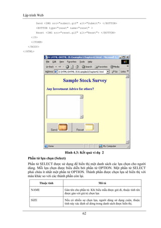 Lập trình Web
62
Send <IMG src="submit.gif" alt="Submit"> </BUTTON>
<BUTTON type="reset" name="reset" >
Reset <IMG src="reset.gif" alt="Reset"> </BUTTON>
</P>
</FORM>
</BODY>
</HTML>
Hình 4.3: Kết quả ví dụ 2
Phần tử lựa chọn (Select)
Phần tử SELECT được sử dụng để hiển thị một danh sách các lựa chọn cho người
dùng. Mỗi lựa chọn được biểu diễn bởi phần tử OPTION. Một phần tử SELECT
phải chứa ít nhất một phần tử OPTION. Thành phần được chọn lựa sẽ hiển thị với
màu khác so với các thành phần còn lại.
Thuộc tính Mô tả
NAME Gán tên cho phần tử. Khi biểu mẫu được gửi đi, thuộc tính tên
được gán với giá trị chọn lựa
SIZE Nếu có nhiều sự chọn lựa, người dùng sử dụng cuộn, thuộc
tính này xác định số dòng trong danh sách được hiển thị.
 